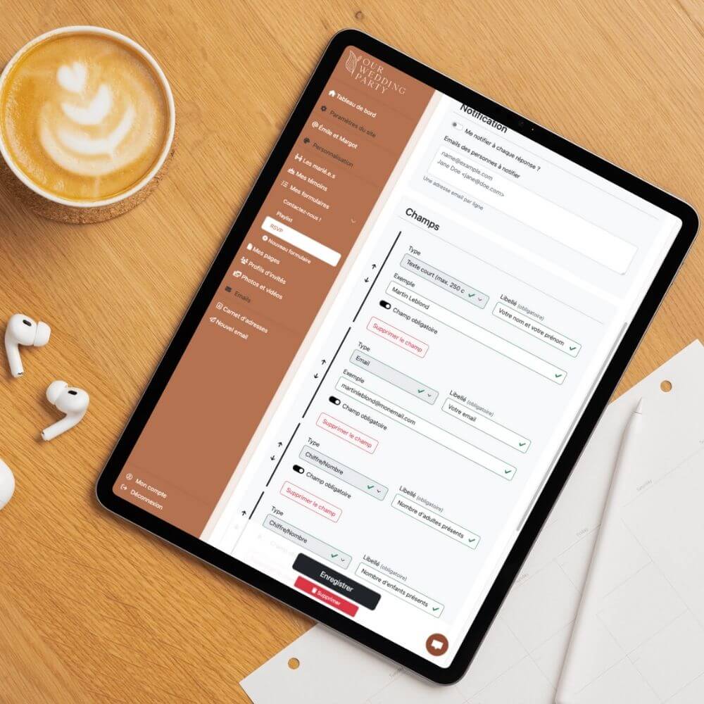 Création de formulaire avec Our Wedding Party sur tablette