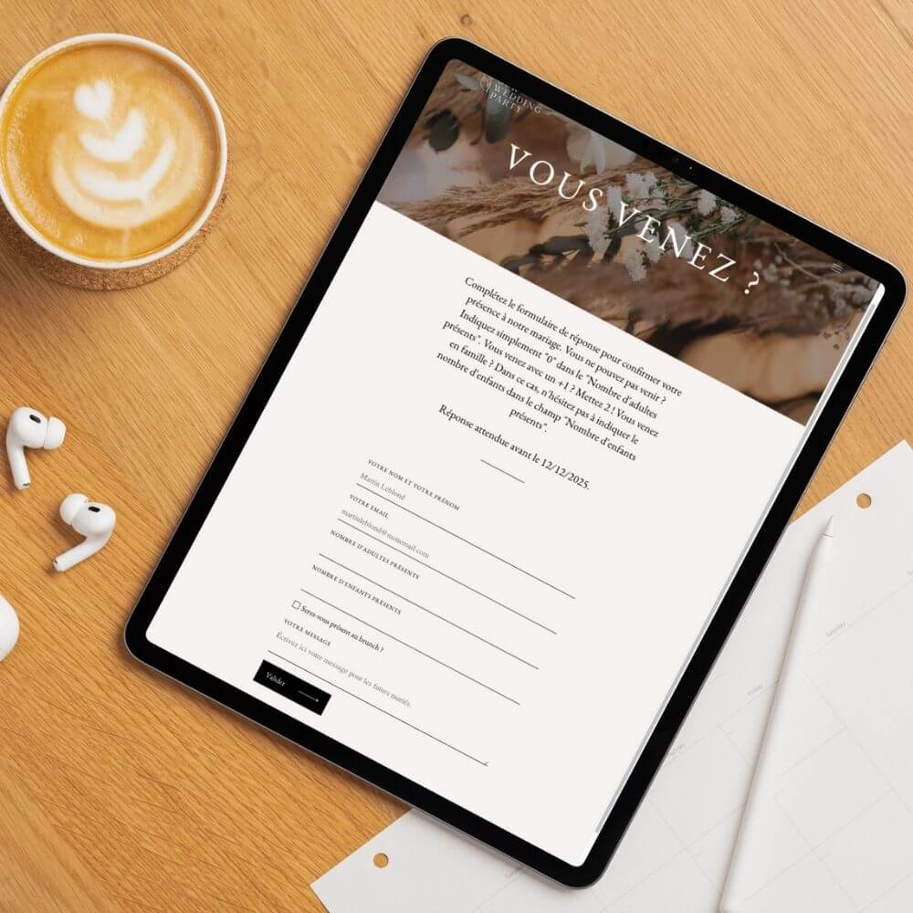 Formulaire RSVP avec Our Wedding Party sur tablette 